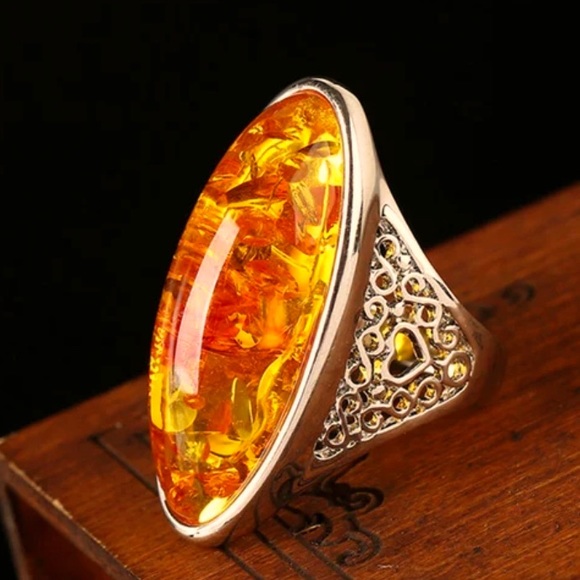 NWT Orange Goldstone Amber Orgonite Filagree Rose Gold Ring Sz 8 - Picture 2 of 8